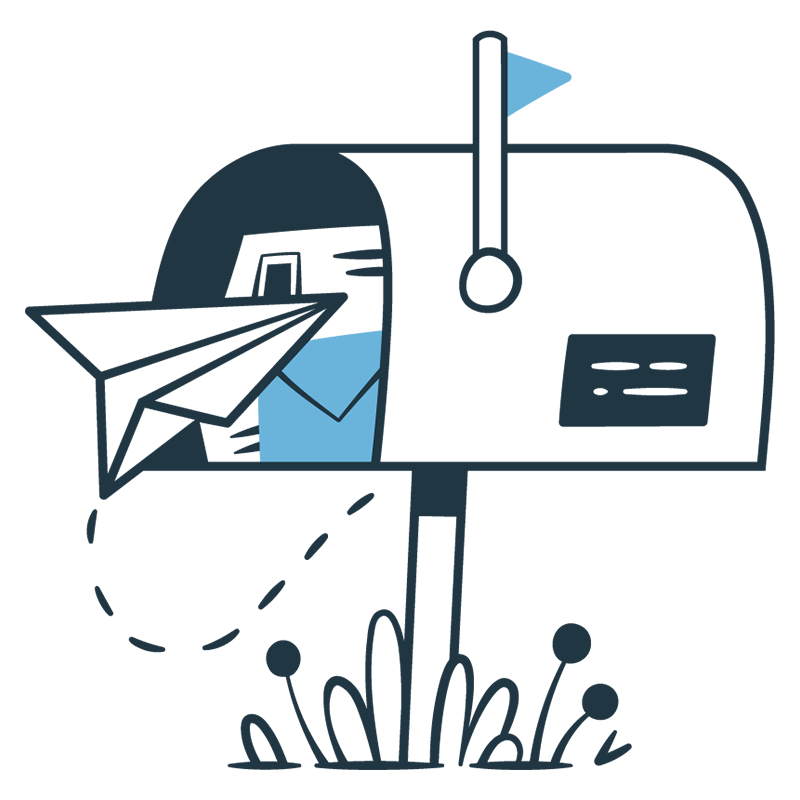 Illustration of a paper plane flying into an open mailbox.