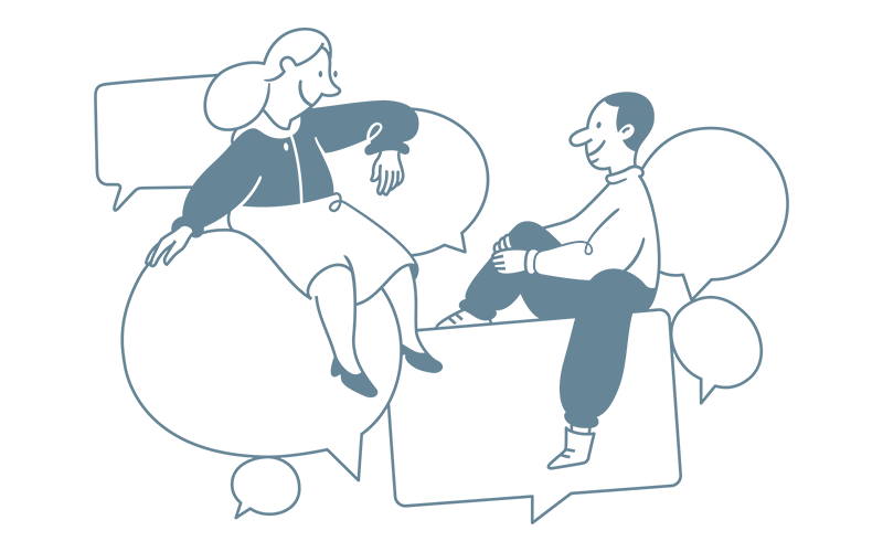 Illustration of a woman and man sitting on empty speech bubbles facing each other.