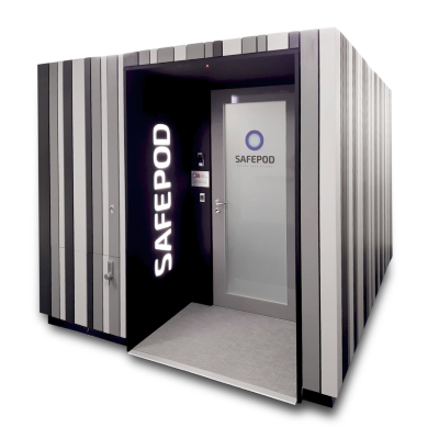 Photo of a SafePod, a large metallic room with a door.