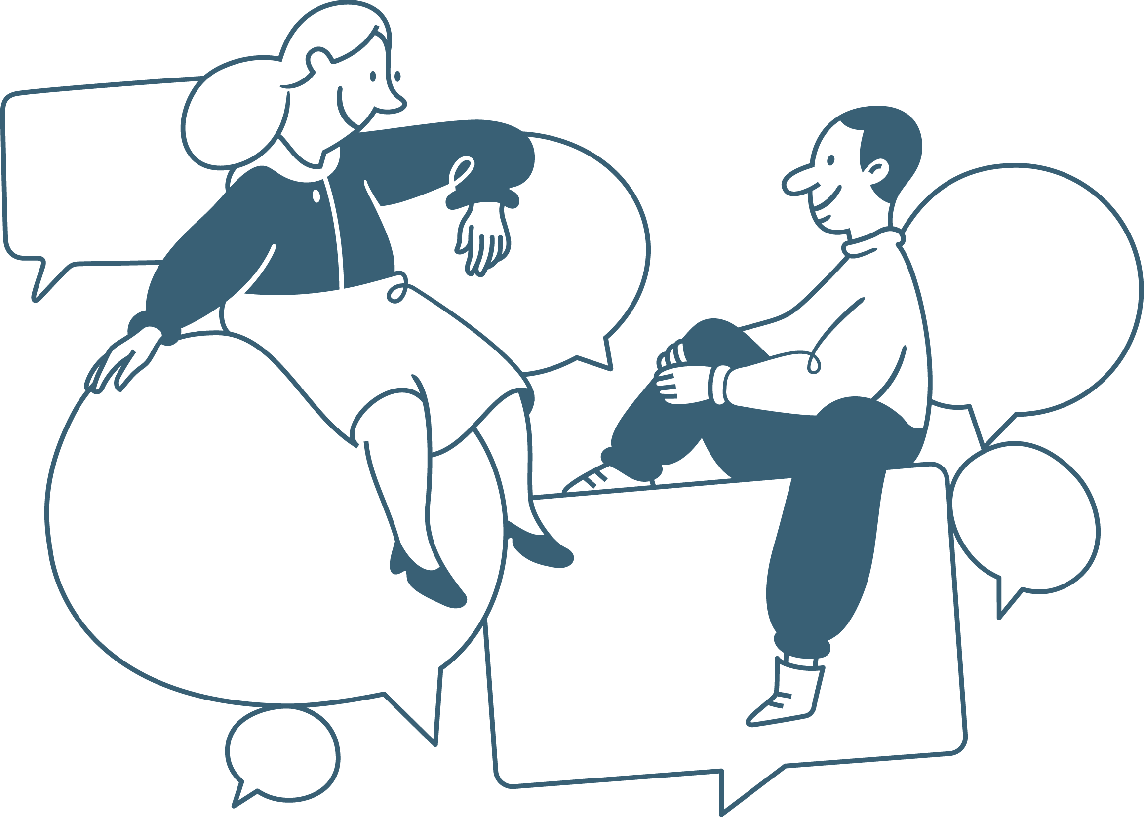 Illustration of a woman and man sitting on empty speech bubbles facing each other.