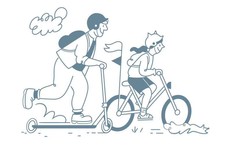 Illustration of a person riding a scooter and a person riding a bike.